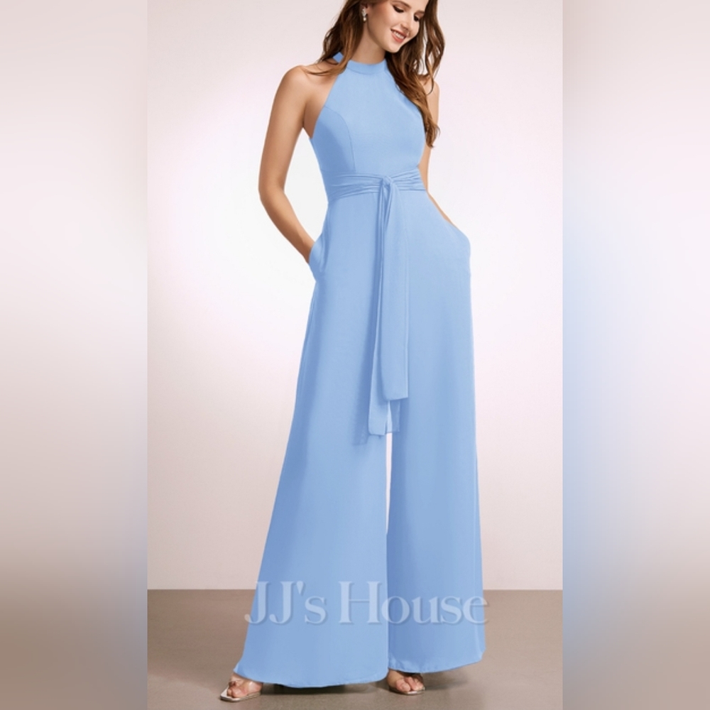 JJ's House Pantsuit High Neck Floor-Length Chiffon Bridesmaid Dress With Bow New